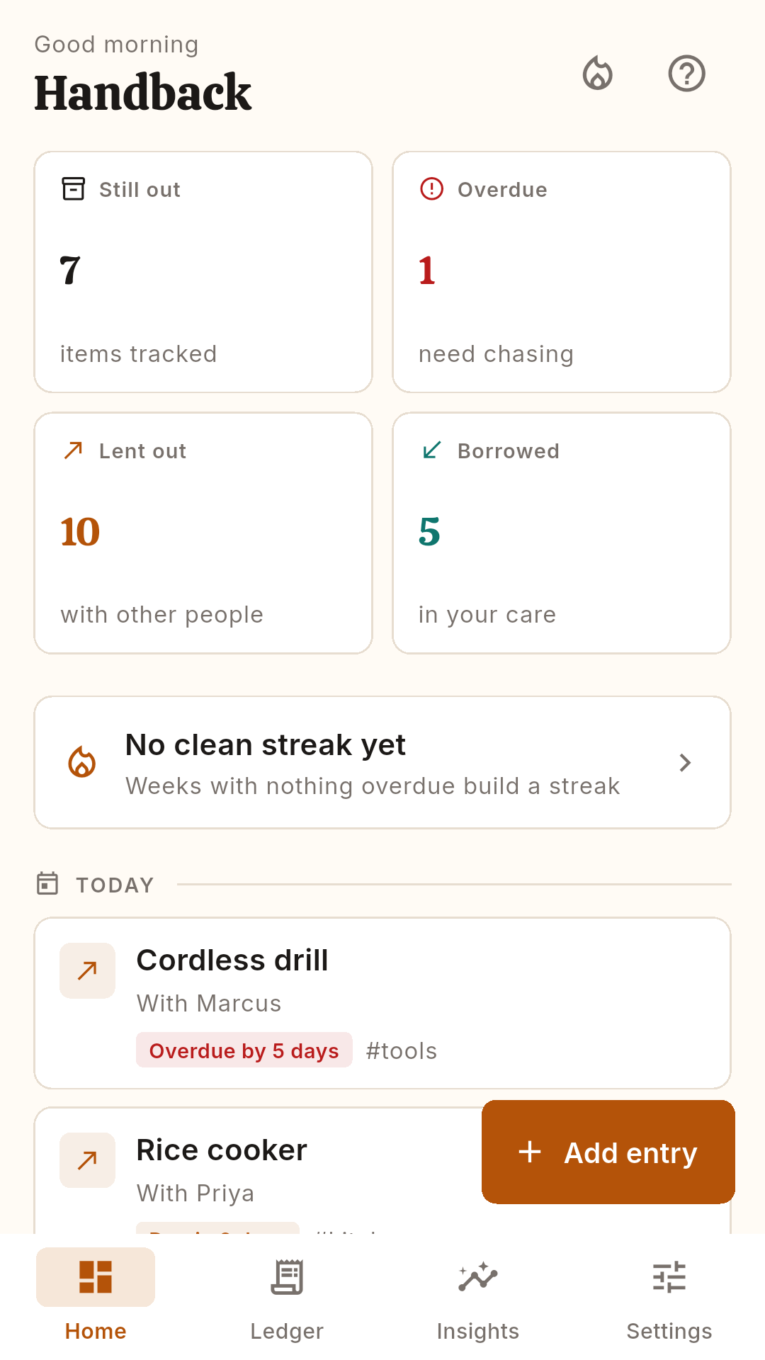 Handback home screen showing items still out, overdue count and a Today agenda