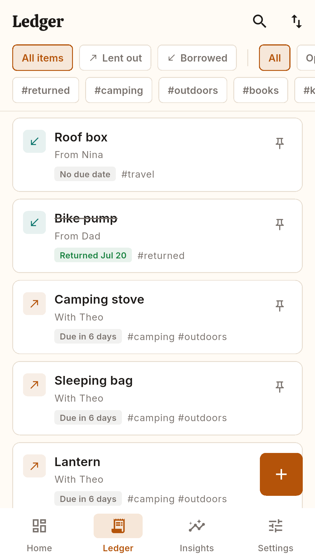 Ledger list with direction filters, tag chips and entries showing due status